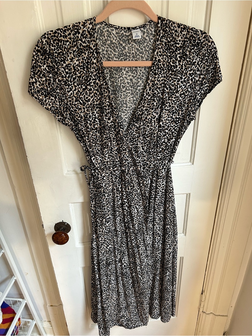 Old Navy Black and White Leopard-Print Midi Wrap Dress